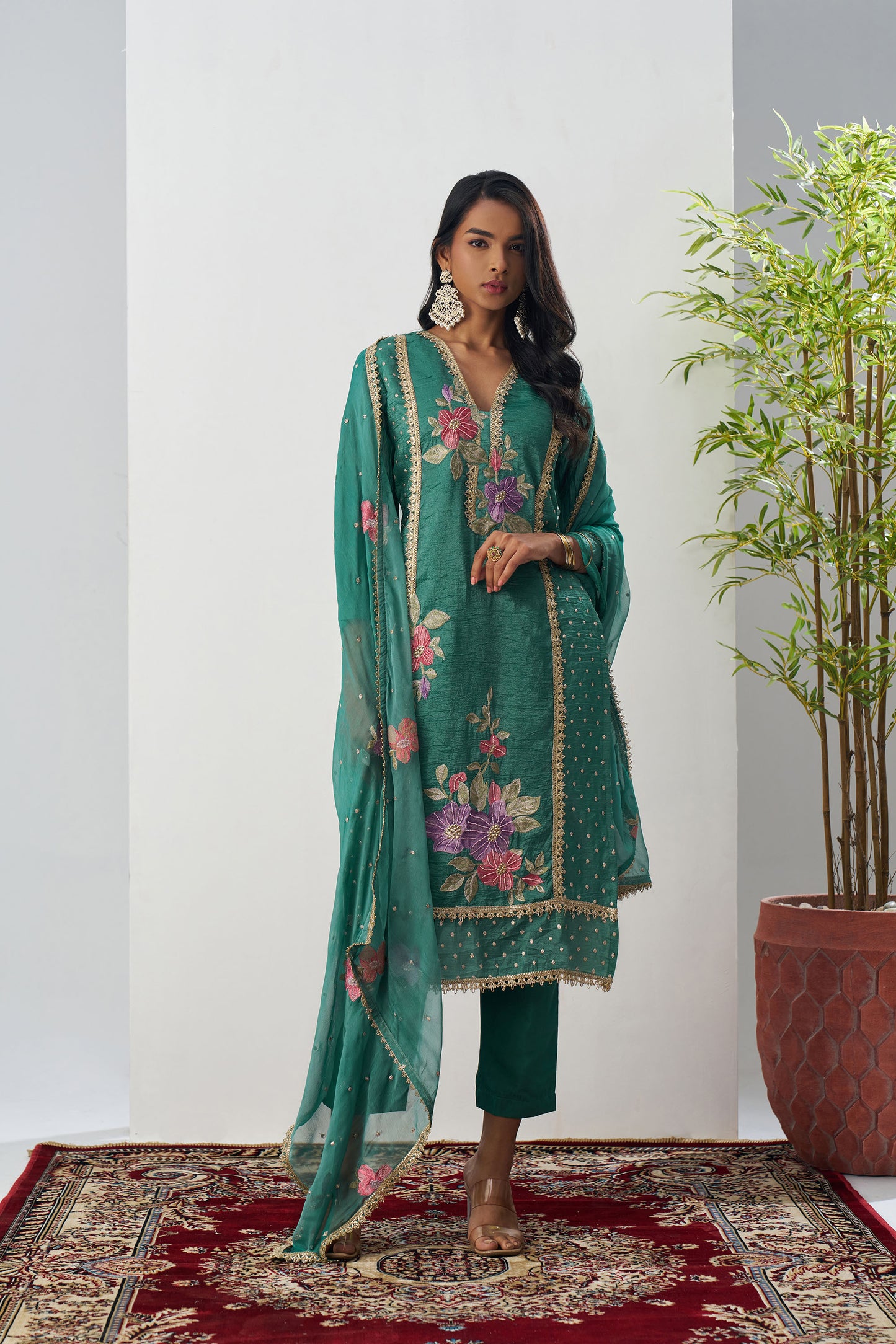 Green Crush Silk Sequins & Beads Work Festive Kurta Set