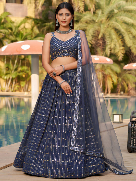 Dark Grey Georgette Sequins & Zari Embroidered Festive Lehenga Choli