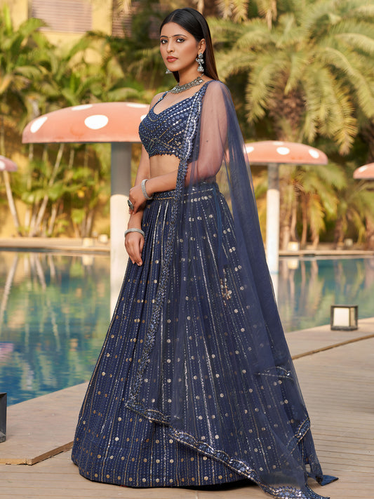 Dark Grey Georgette Sequins & Zari Embroidered Festive Lehenga Choli