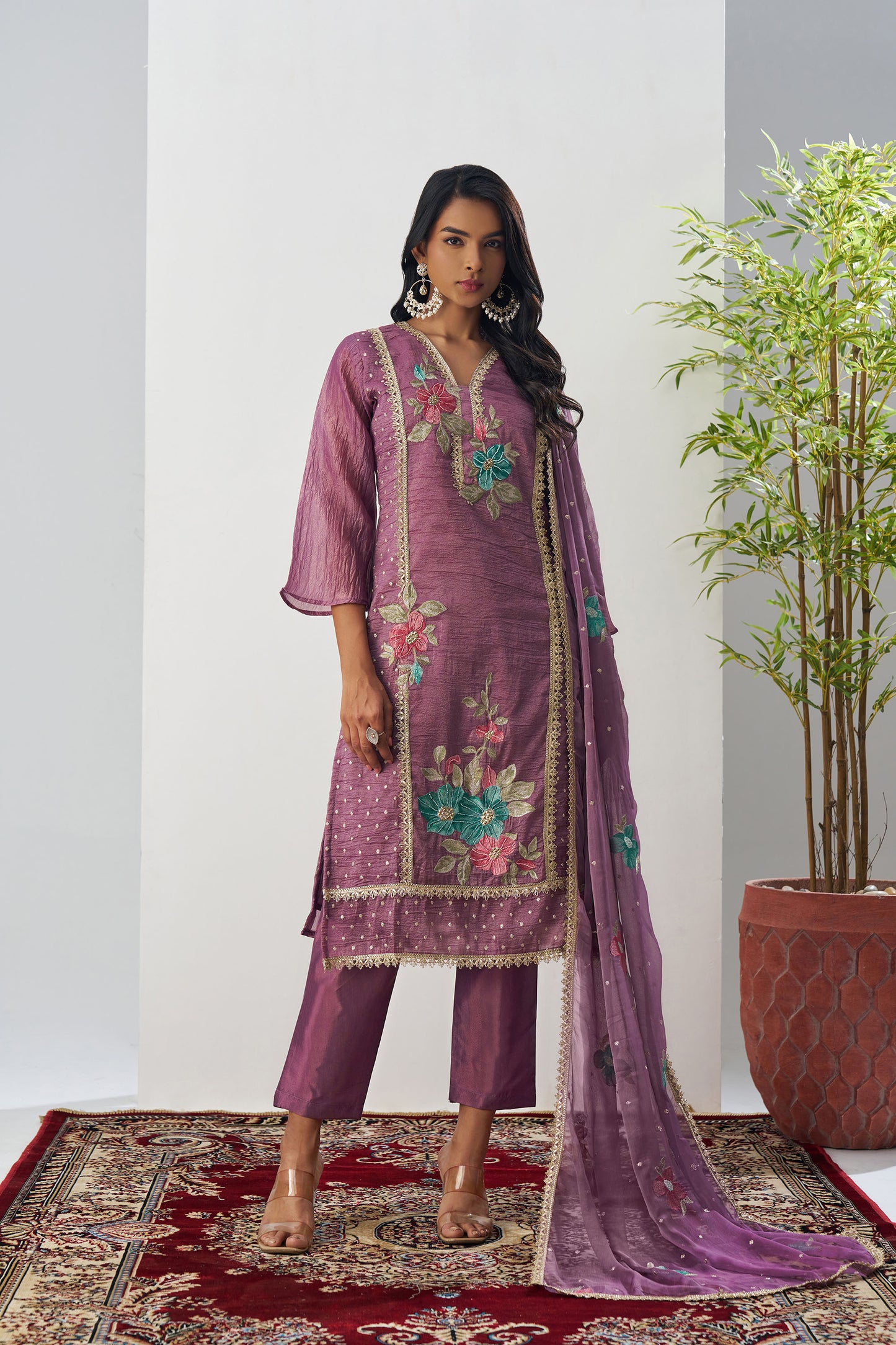 Mauve Crush Silk Sequins & Beads Work Festive Kurta Set