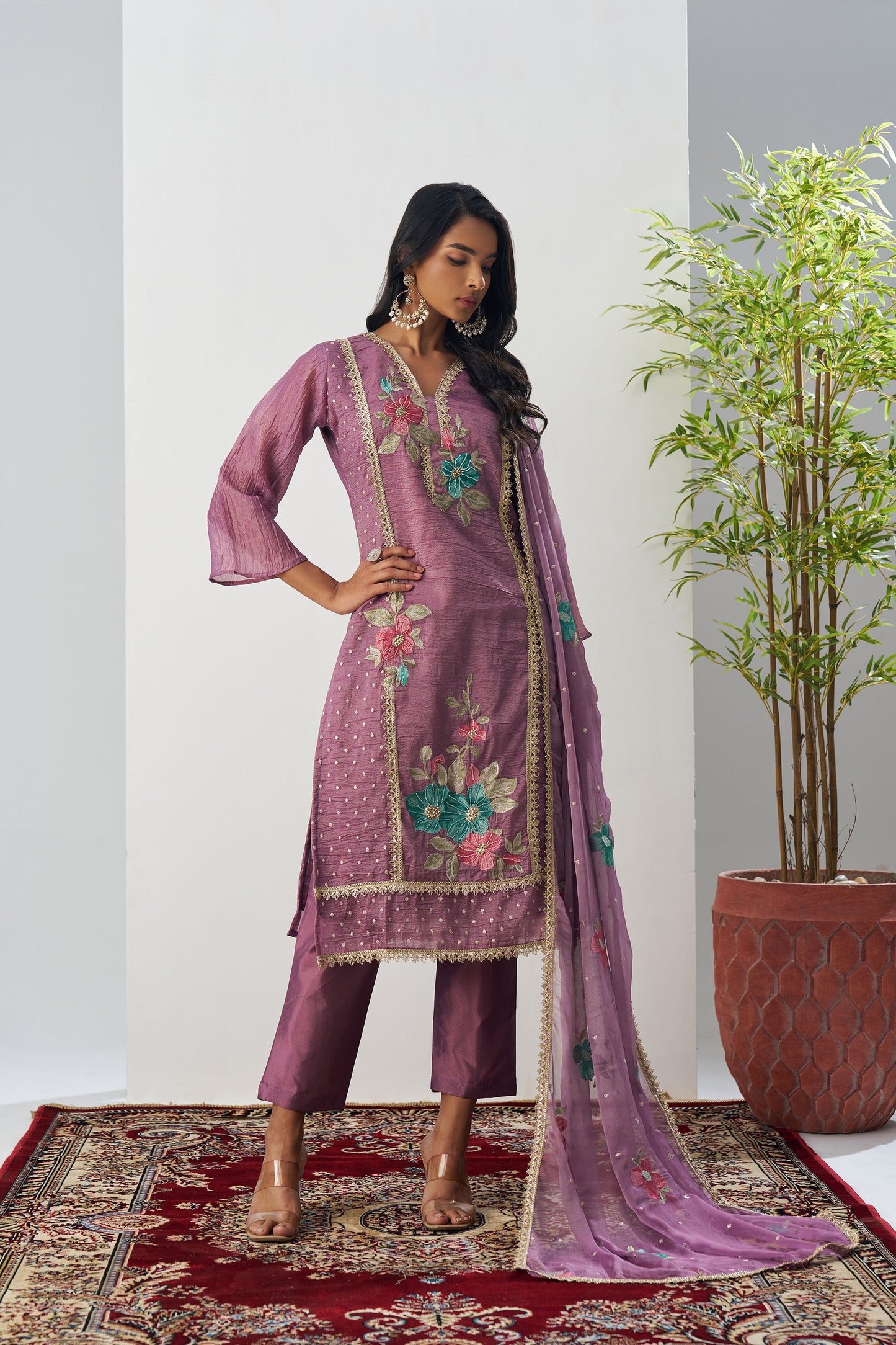 Mauve Crush Silk Sequins & Beads Work Festive Kurta Set