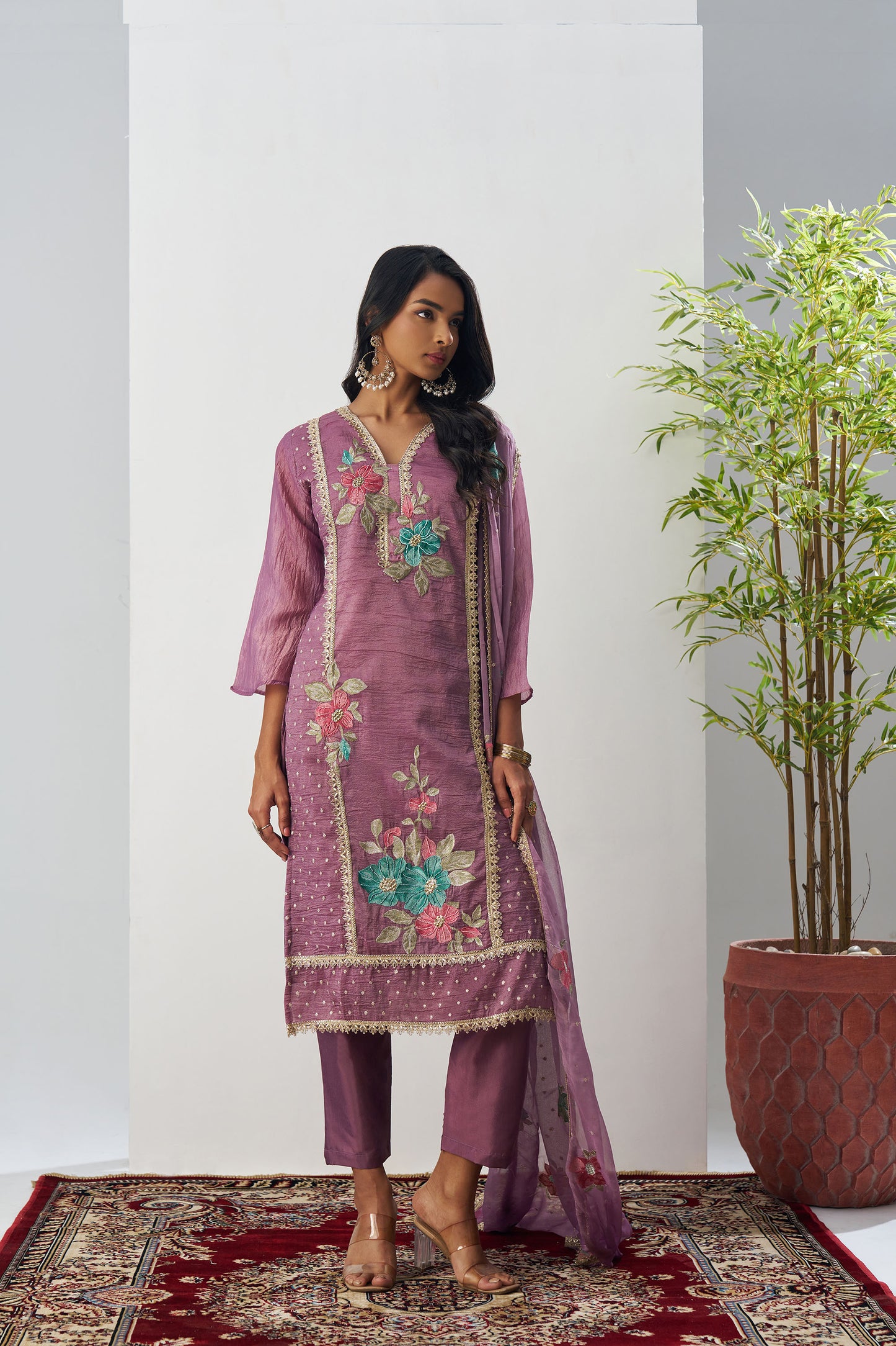 Mauve Crush Silk Sequins & Beads Work Festive Kurta Set