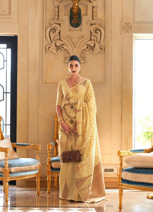 Yellow Kyaari Silk Tissue Zari Khicha Zari Handloom Saree