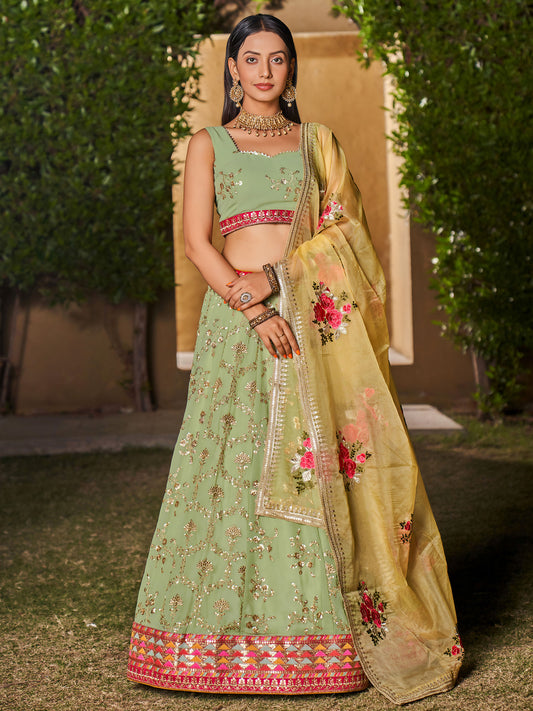 Pista Green & Yellow Georgette Sequins & Zari Embroidered Lehenga