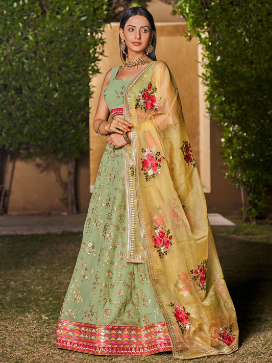 Pista Green & Yellow Georgette Sequins & Zari Embroidered Lehenga