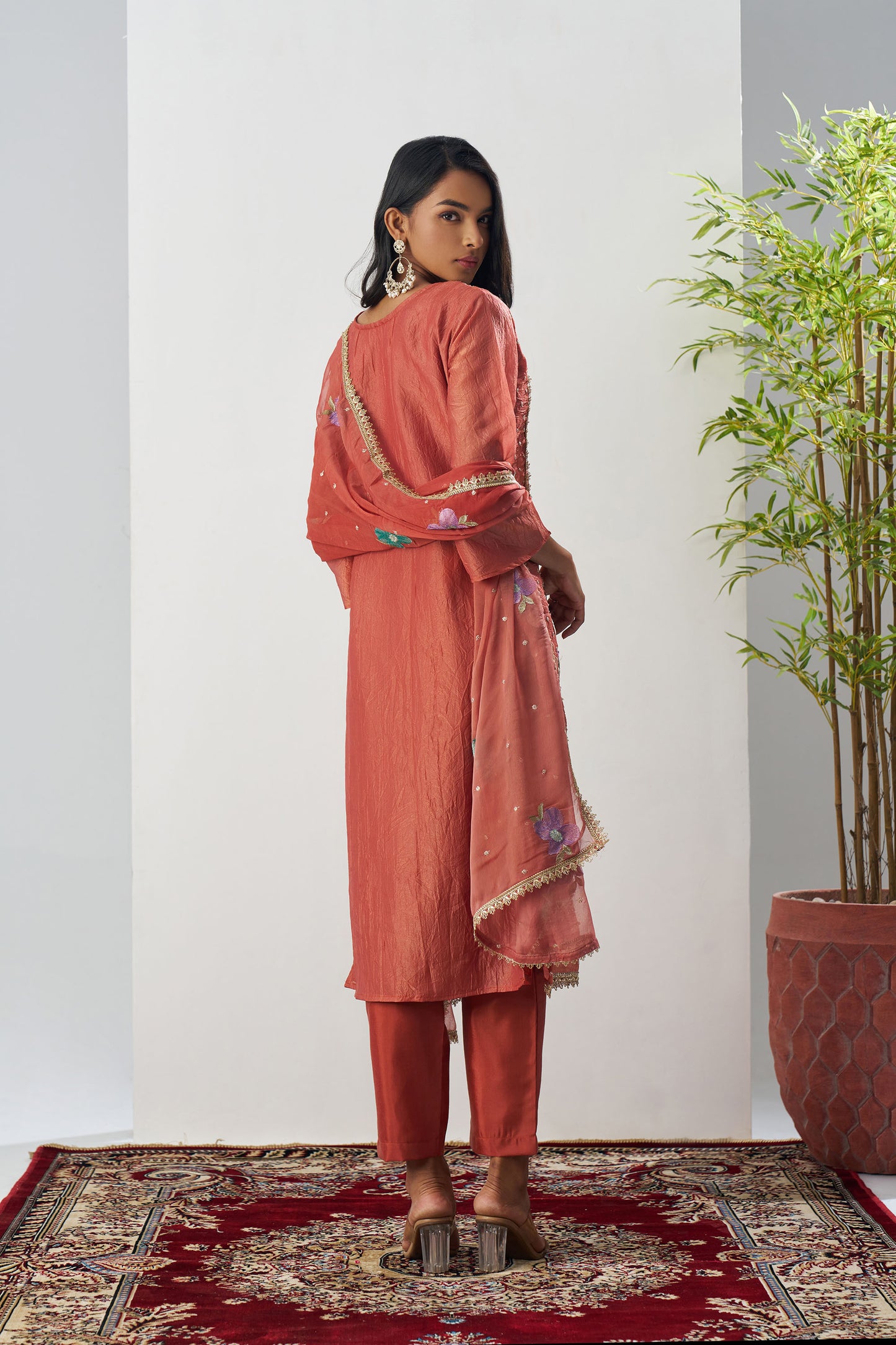 Peach Crush Silk Sequins & Beads Work Festive Kurta Set