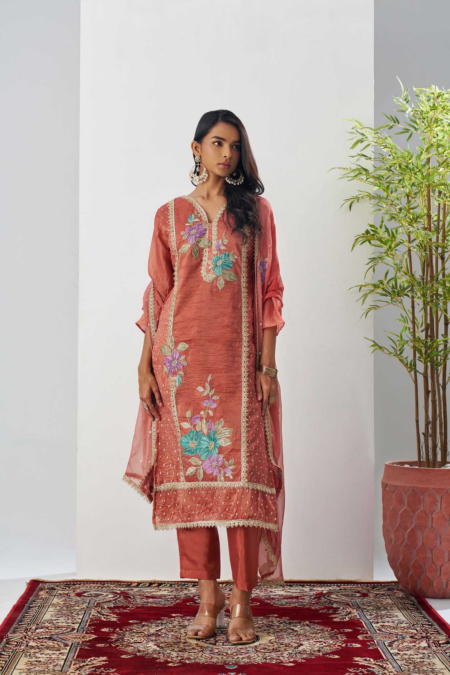 Peach Crush Silk Sequins & Beads Work Festive Kurta Set