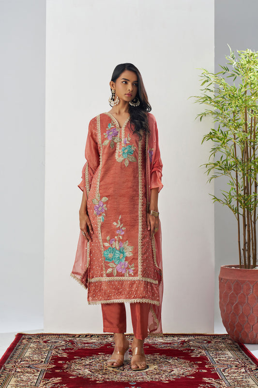 Peach Crush Silk Sequins & Beads Work Festive Kurta Set