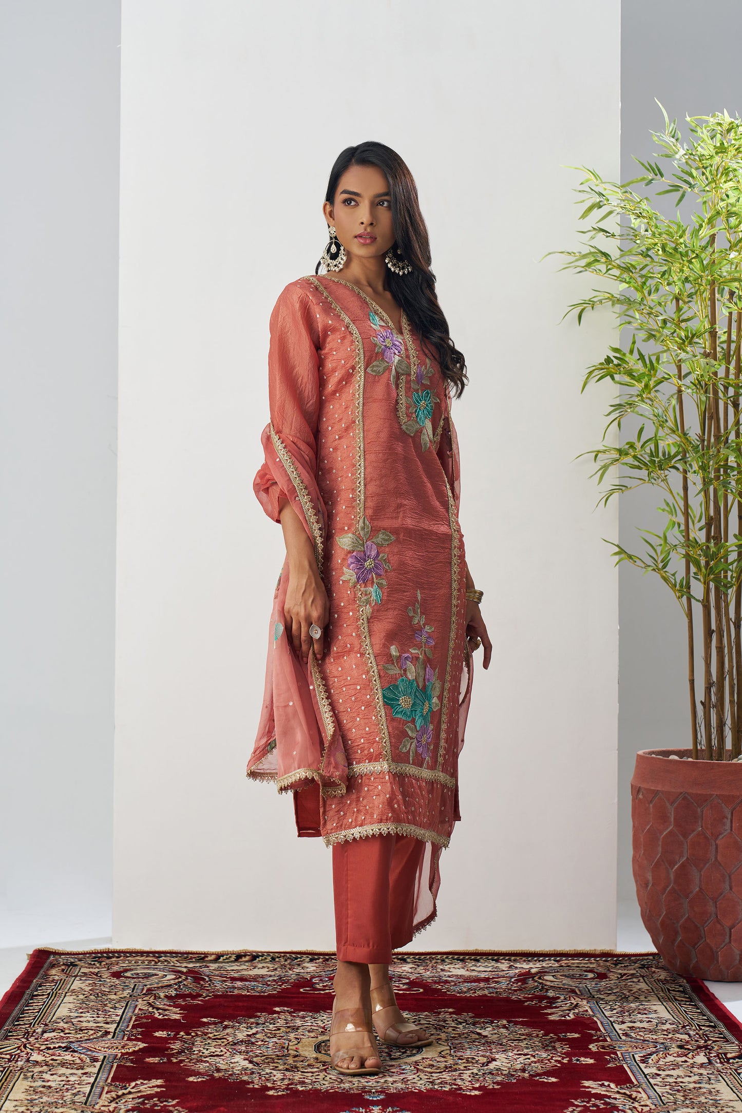 Peach Crush Silk Sequins & Beads Work Festive Kurta Set
