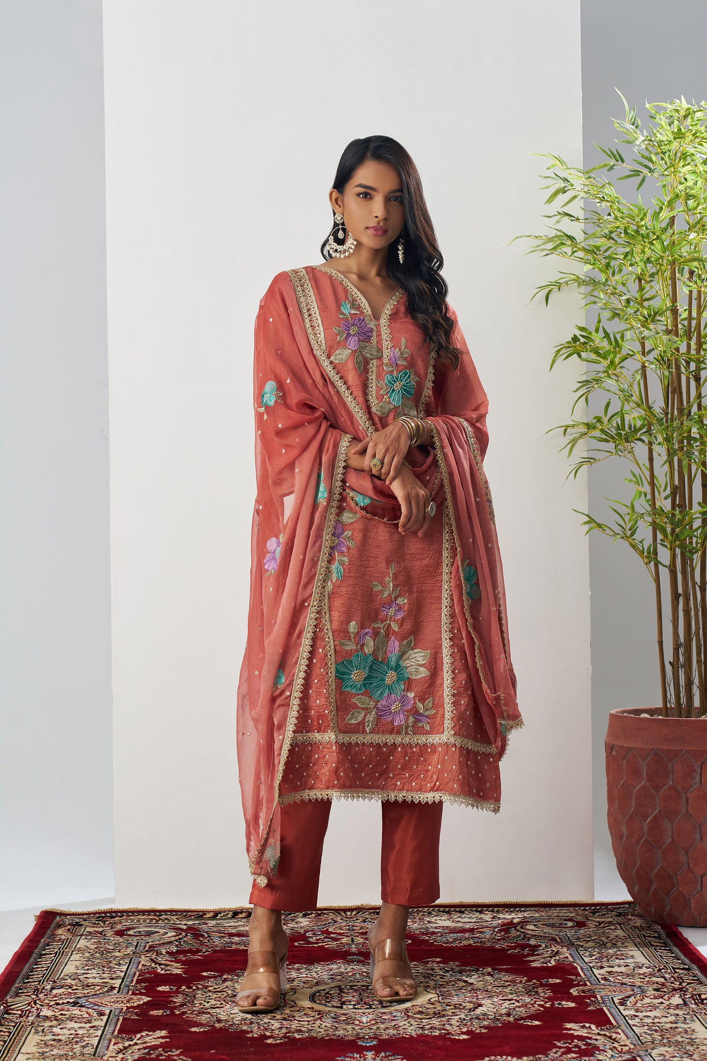 Peach Crush Silk Sequins & Beads Work Festive Kurta Set