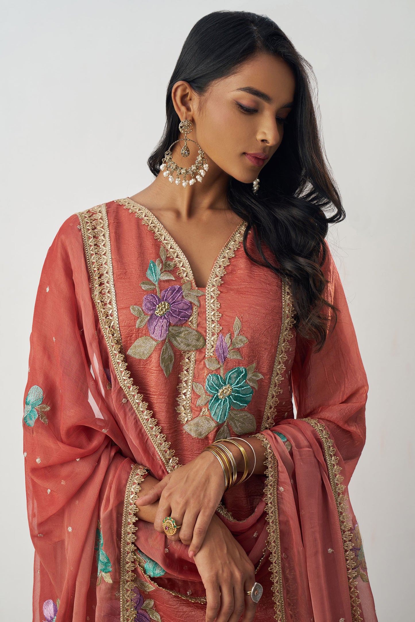 Peach Crush Silk Sequins & Beads Work Festive Kurta Set