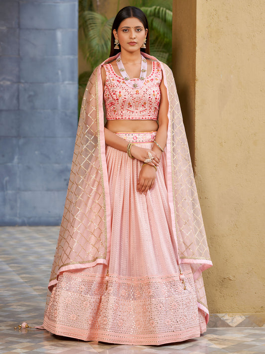 Pink Art Silk Sequins & Zari Embroidered Sangeet Lehenga Choli