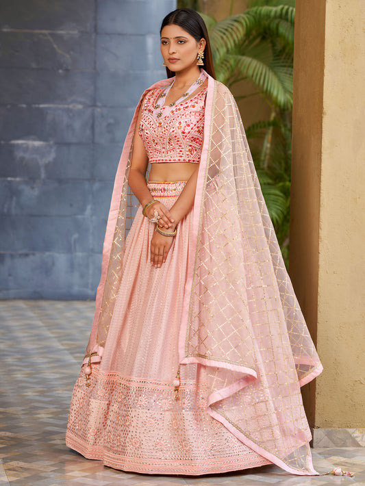 Pink Art Silk Sequins & Zari Embroidered Sangeet Lehenga Choli