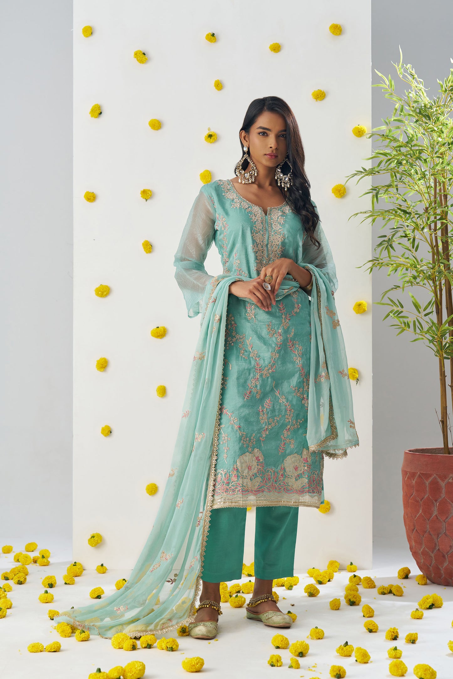 Sea Green Fancy Crush Sequins & Thread Embroidered Kurta Set