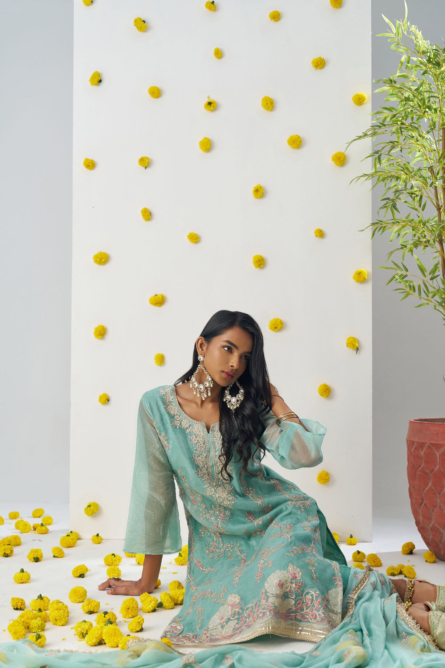 Sea Green Fancy Crush Sequins & Thread Embroidered Kurta Set