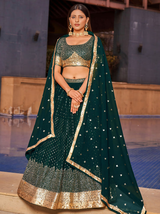 Green Georgette Sequins & Zari Embroidered Lehenga for Mehendi