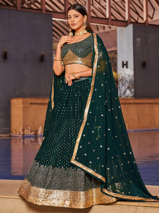Green Georgette Sequins & Zari Embroidered Lehenga for Mehendi