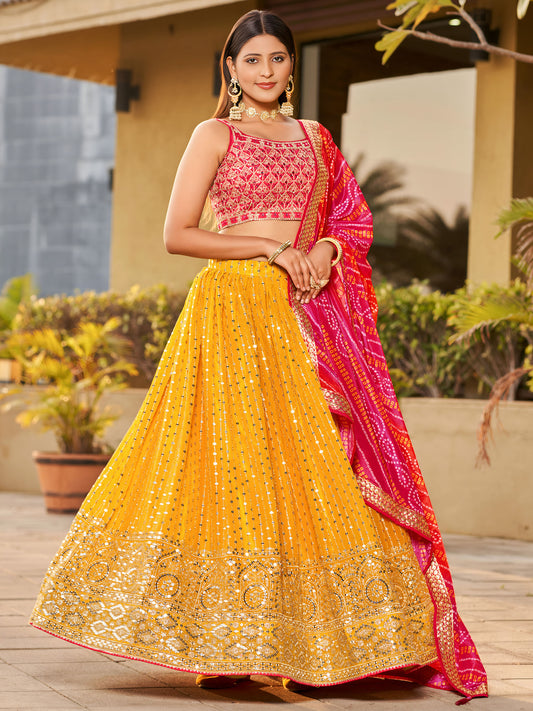 Pink & Yellow Georgette Sequins & Zari Embroidered Haldi Lehenga