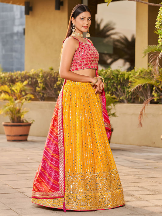 Pink & Yellow Georgette Sequins & Zari Embroidered Haldi Lehenga