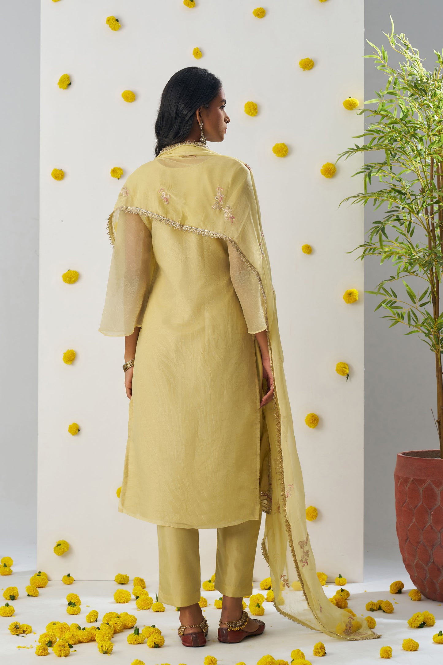Yellow Fancy Crush Sequins & Thread Embroidered Kurta Set