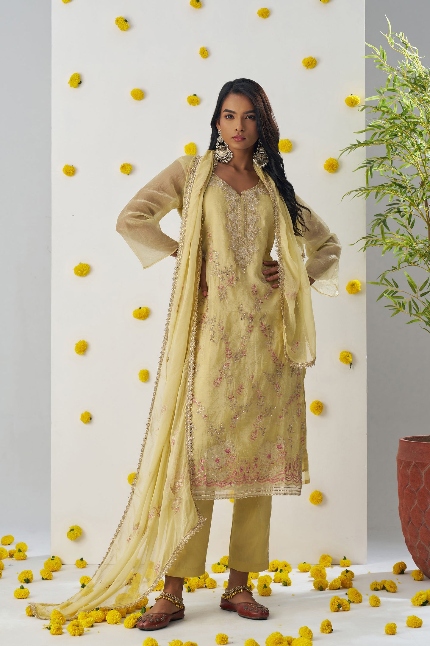Yellow Fancy Crush Sequins & Thread Embroidered Kurta Set