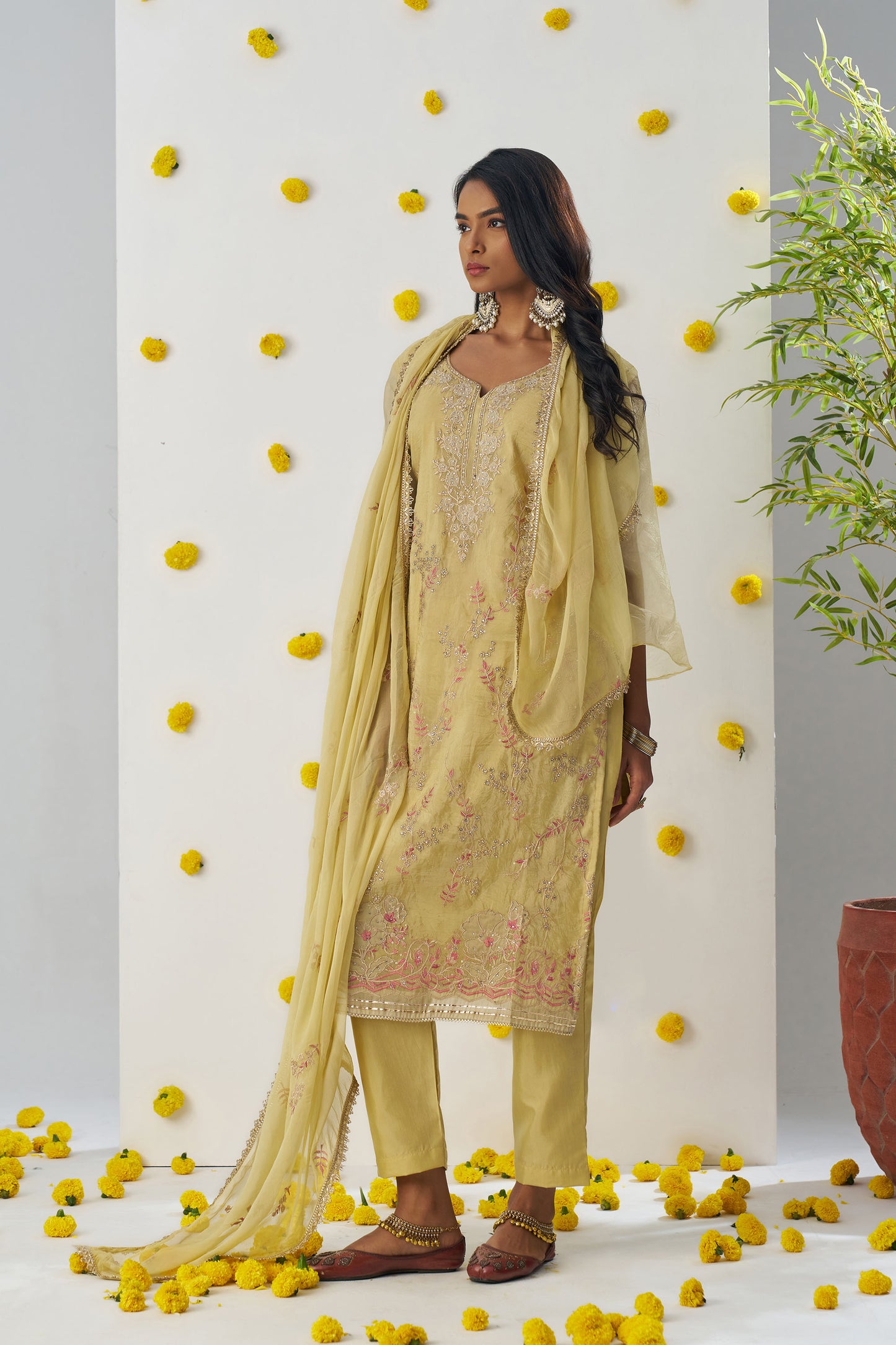 Yellow Fancy Crush Sequins & Thread Embroidered Kurta Set