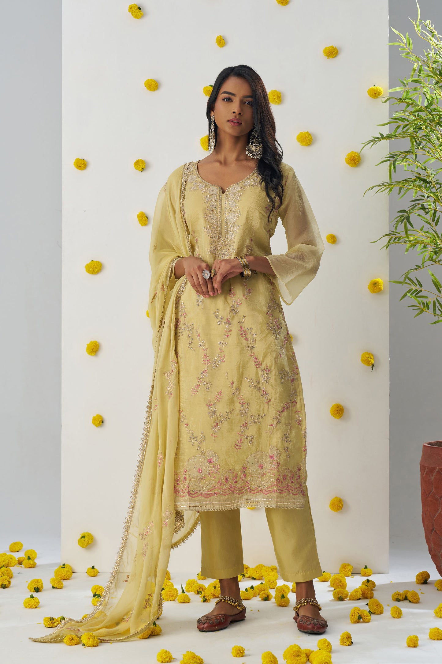 Yellow Fancy Crush Sequins & Thread Embroidered Kurta Set