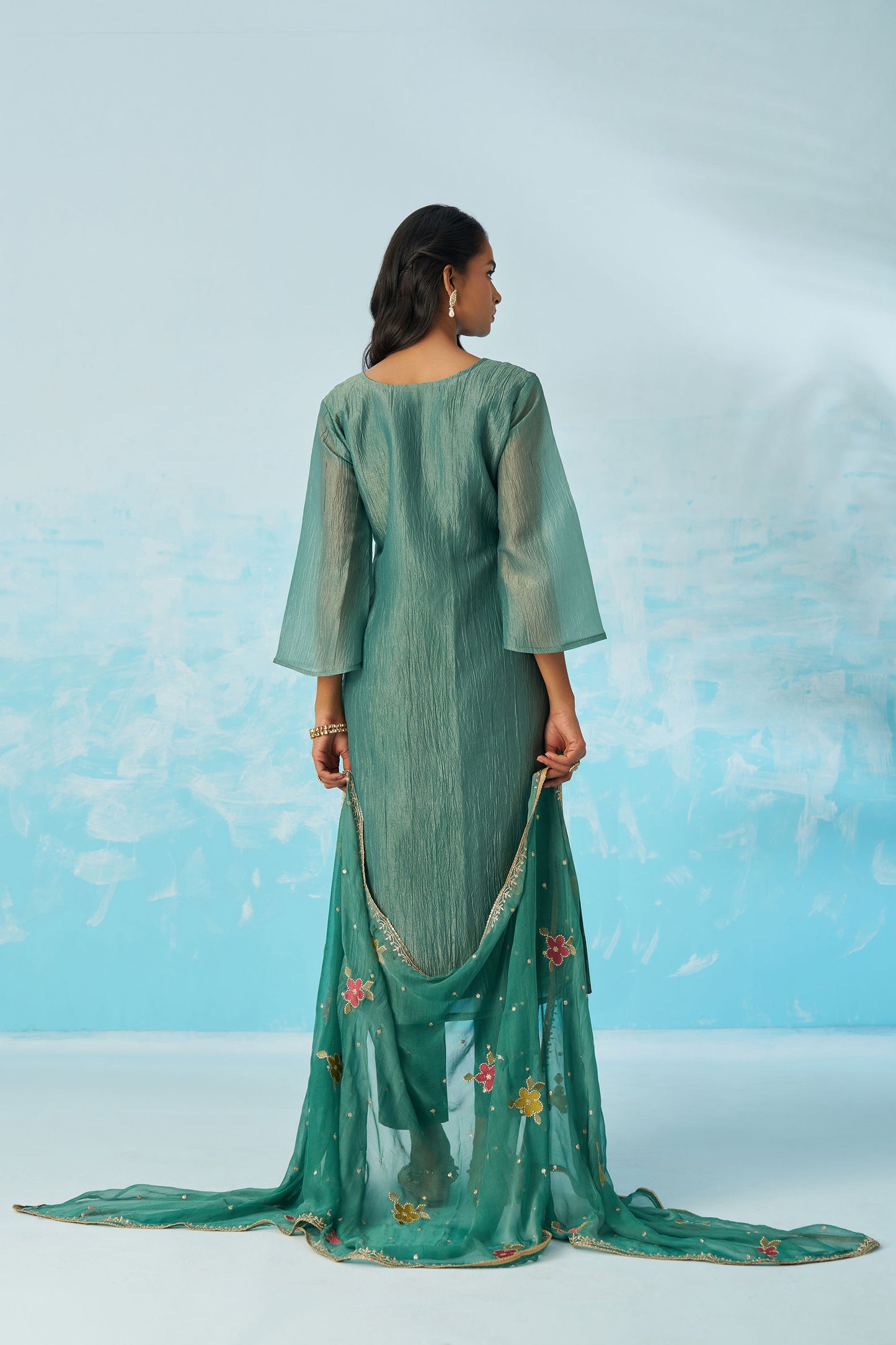 Sea Green Fancy Crush Thread Work Casual Kurta Set