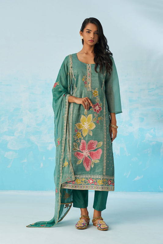 Sea Green Fancy Crush Thread Work Casual Kurta Set