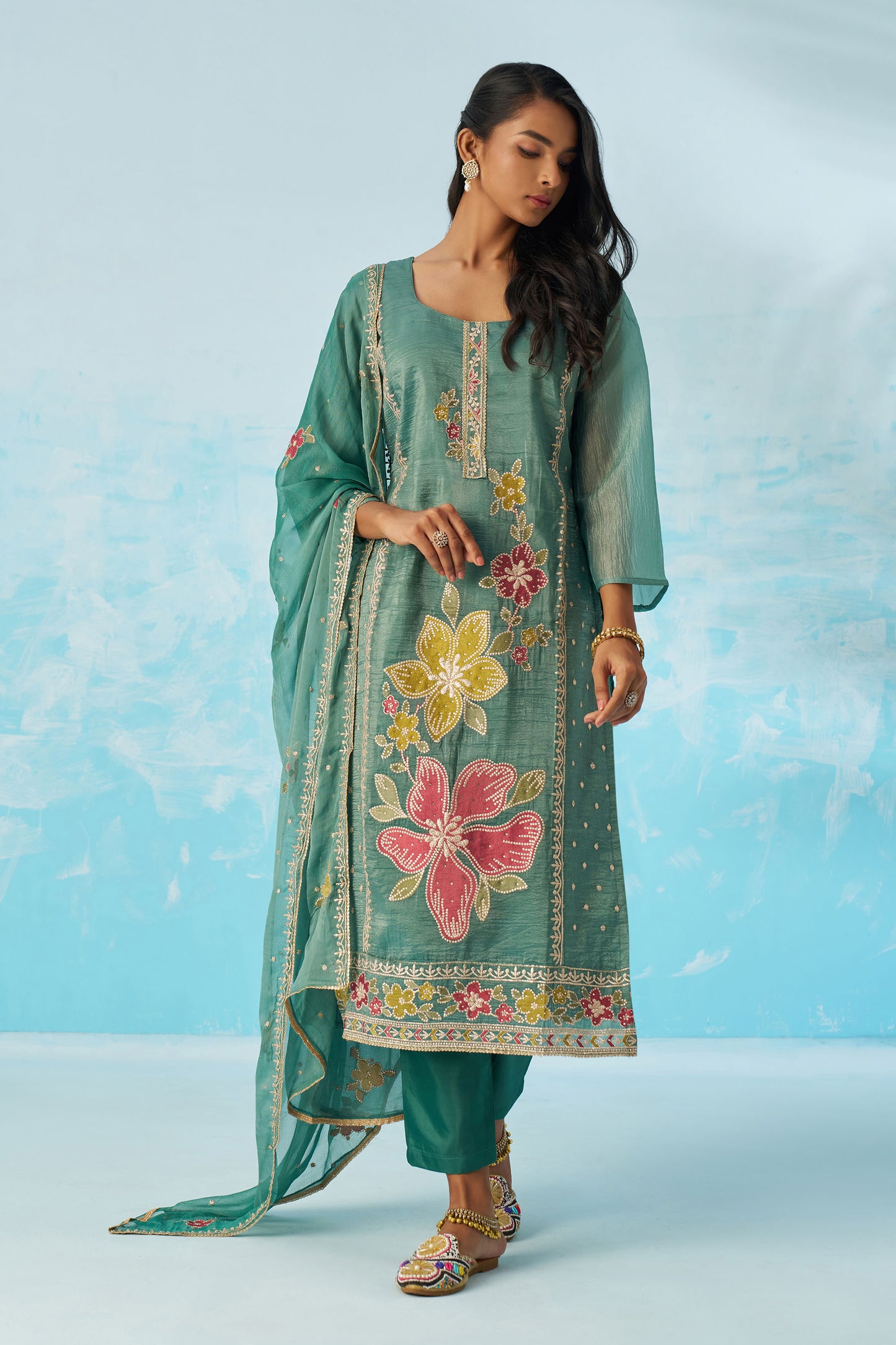Sea Green Fancy Crush Thread Work Casual Kurta Set