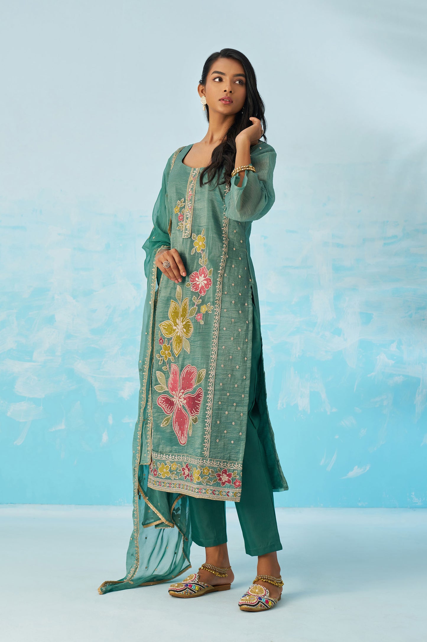 Sea Green Fancy Crush Thread Work Casual Kurta Set