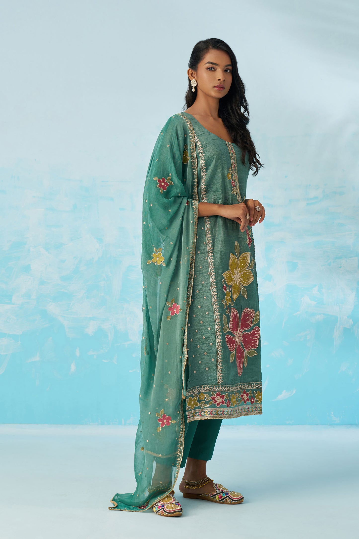 Sea Green Fancy Crush Thread Work Casual Kurta Set