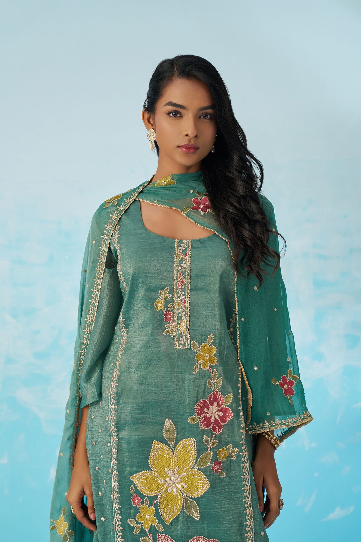Sea Green Fancy Crush Thread Work Casual Kurta Set