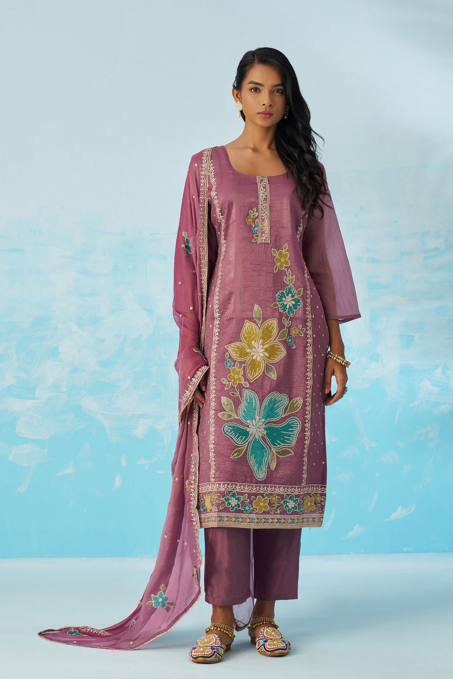 Mauve Fancy Crush Thread Work Casual Kurta Set