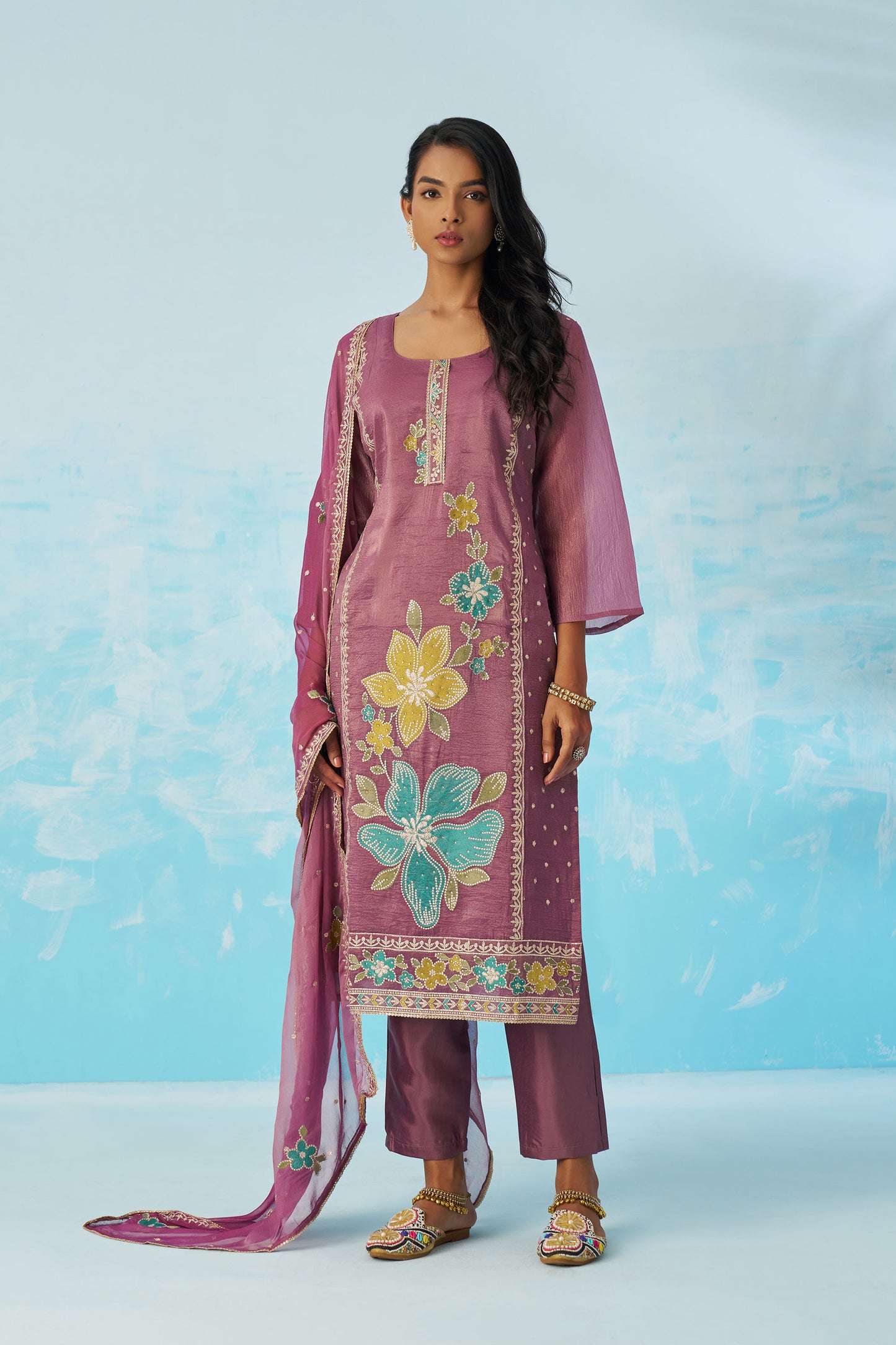 Mauve Fancy Crush Thread Work Casual Kurta Set