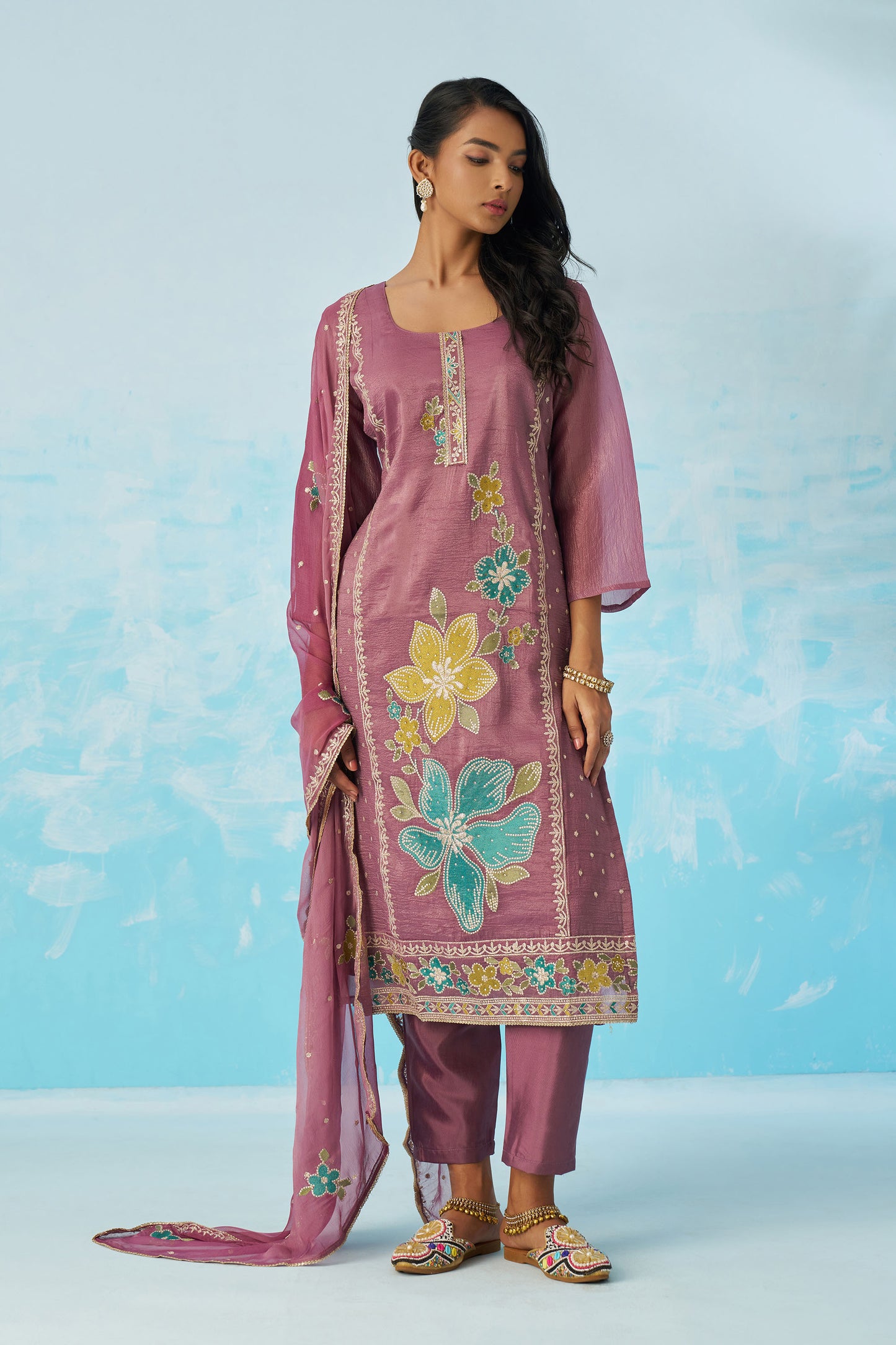 Mauve Fancy Crush Thread Work Casual Kurta Set