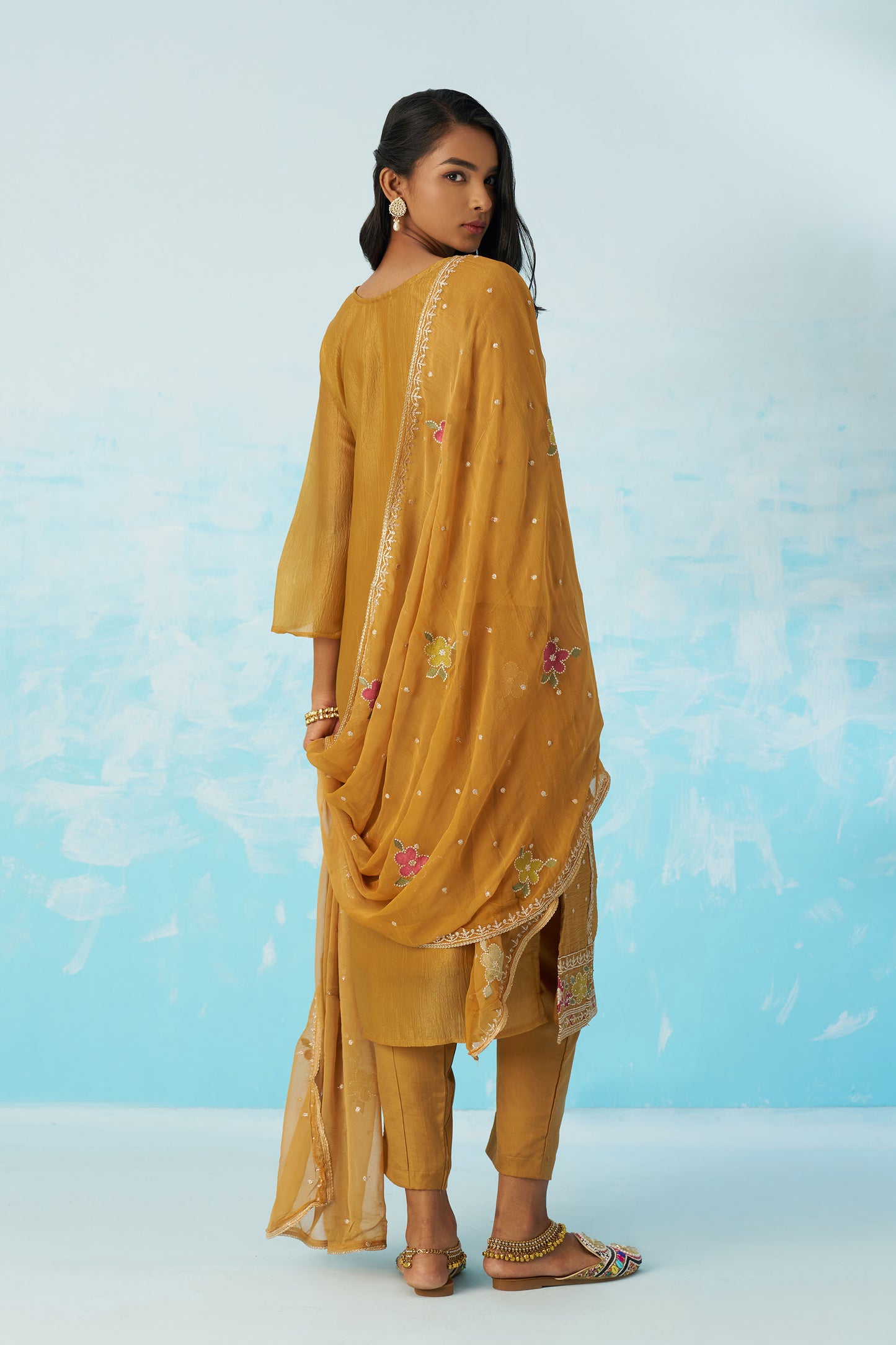 Mustard Yellow Fancy Crush Thread Work Casual Kurta Set