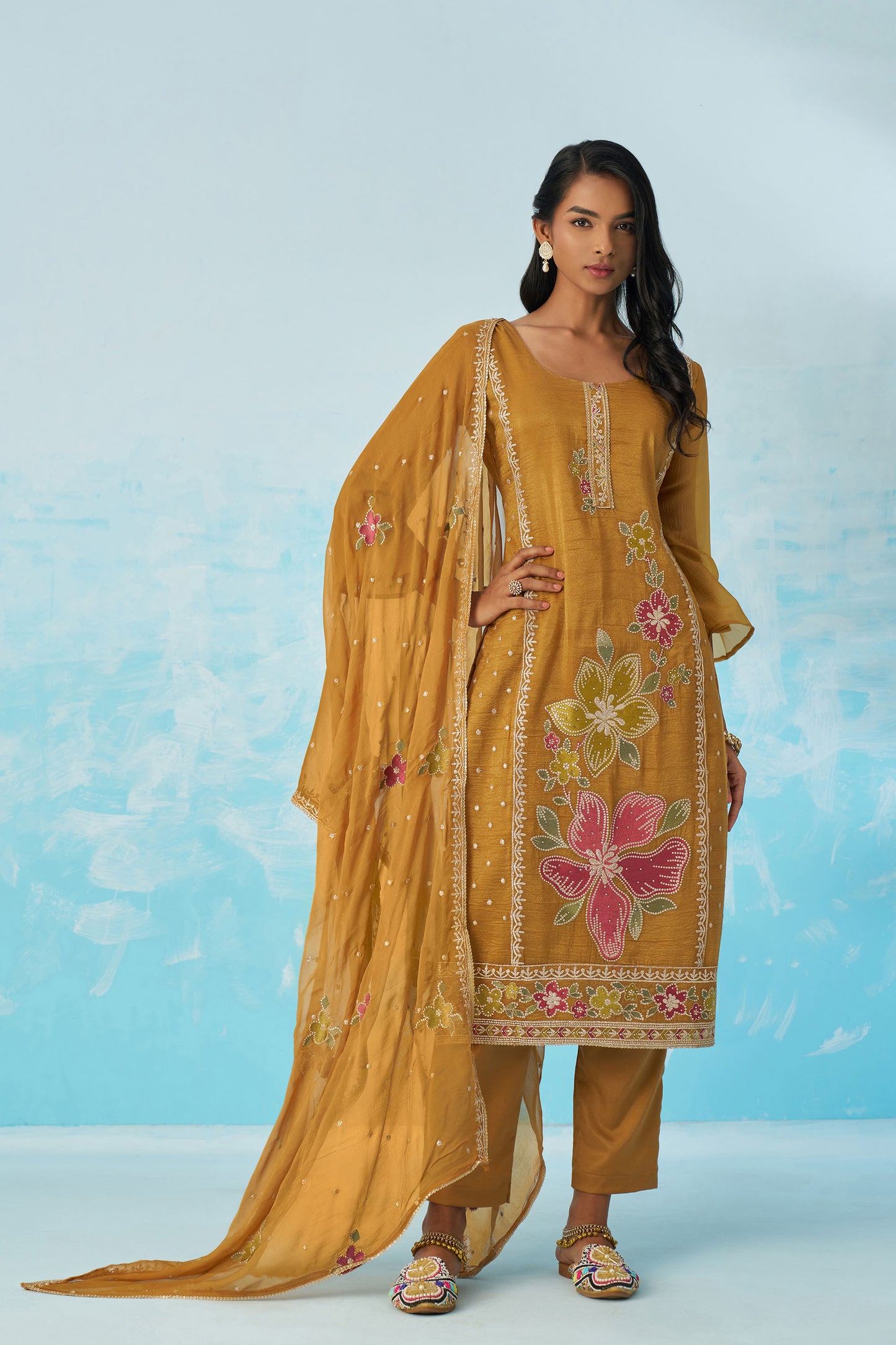 Mustard Yellow Fancy Crush Thread Work Casual Kurta Set