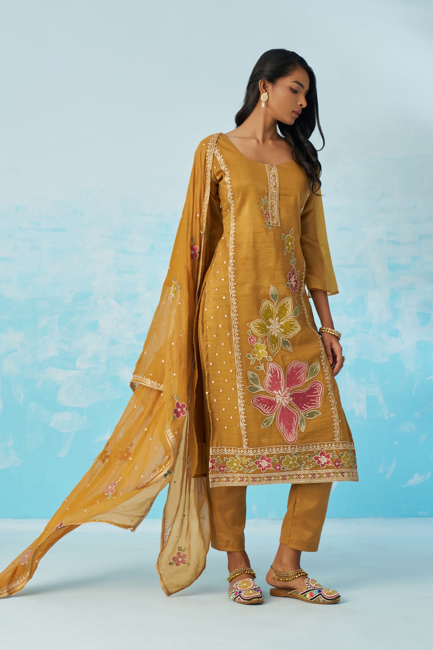 Mustard Yellow Fancy Crush Thread Work Casual Kurta Set