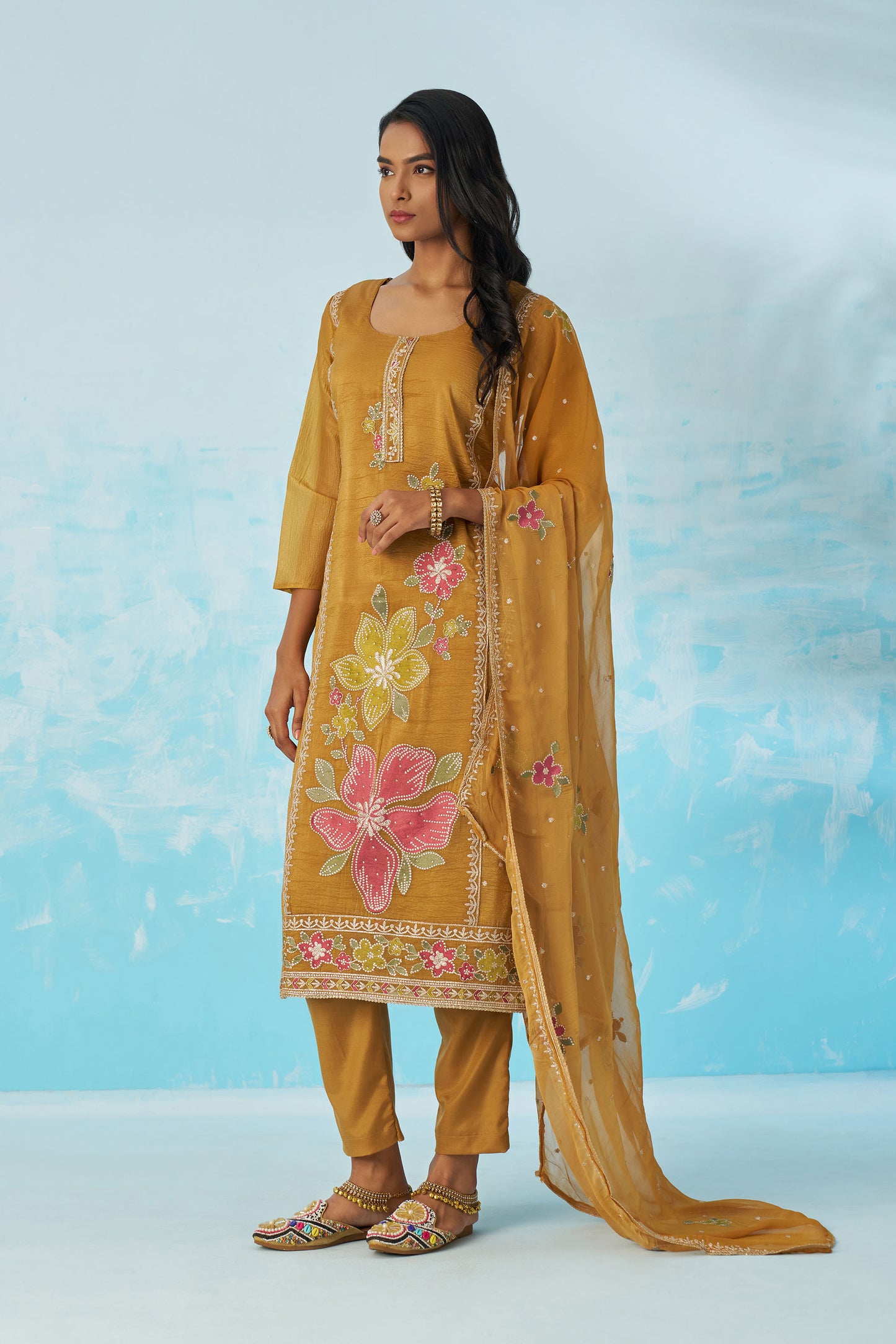 Mustard Yellow Fancy Crush Thread Work Casual Kurta Set