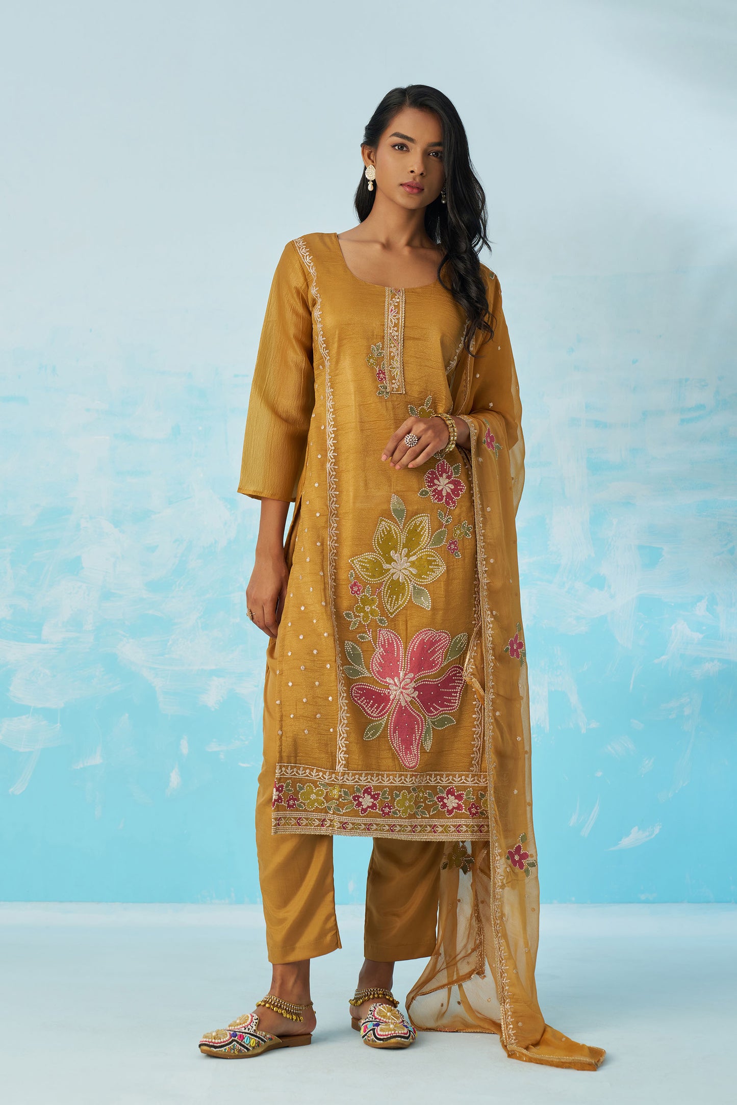 Mustard Yellow Fancy Crush Thread Work Casual Kurta Set