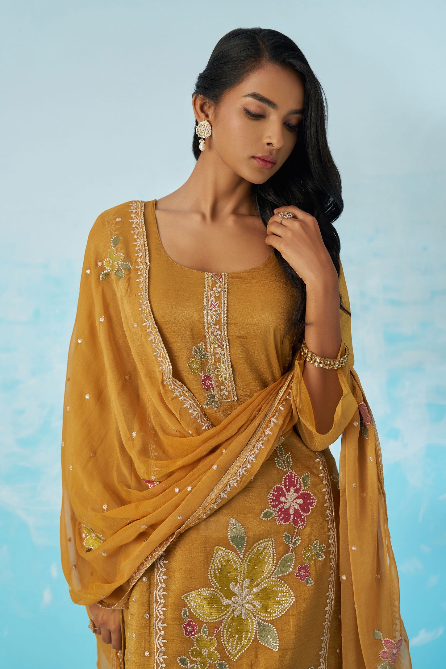 Mustard Yellow Fancy Crush Thread Work Casual Kurta Set