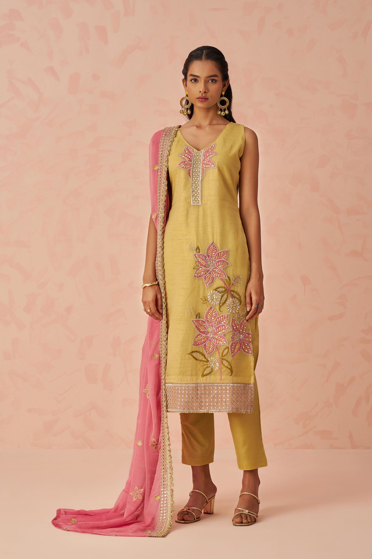 Yellow Georgette Floral Embroidered Haldi Kurta Set
