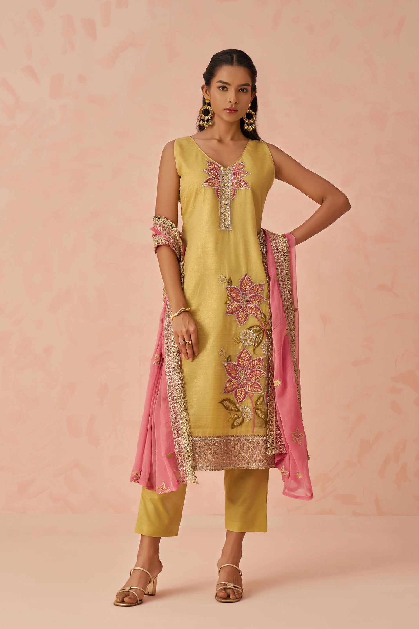 Yellow Georgette Floral Embroidered Haldi Kurta Set