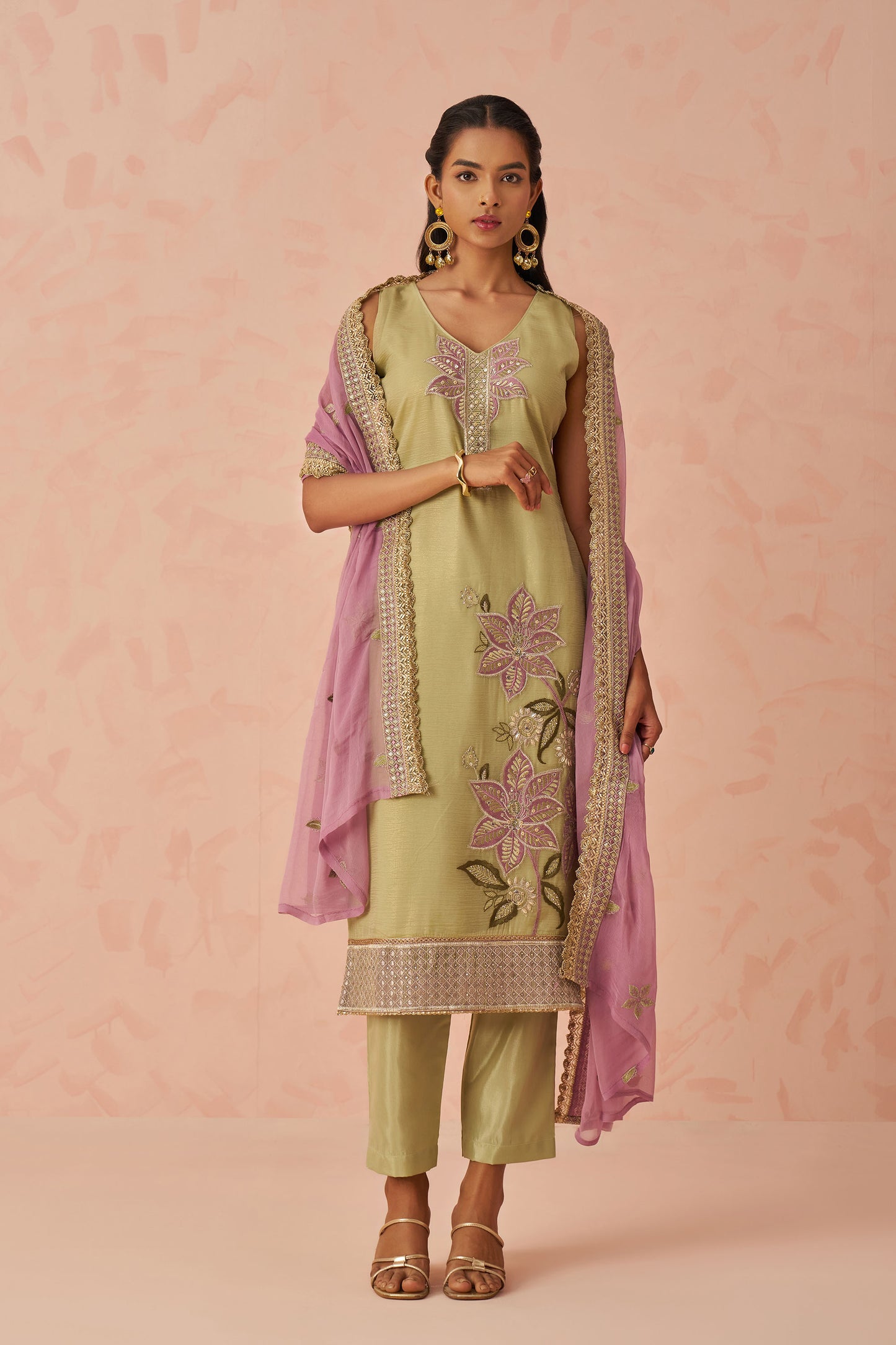 Green Georgette Floral Embroidered Mehendi Kurta Set