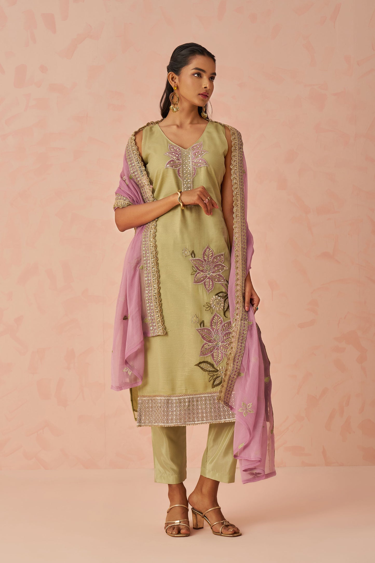 Green Georgette Floral Embroidered Mehendi Kurta Set