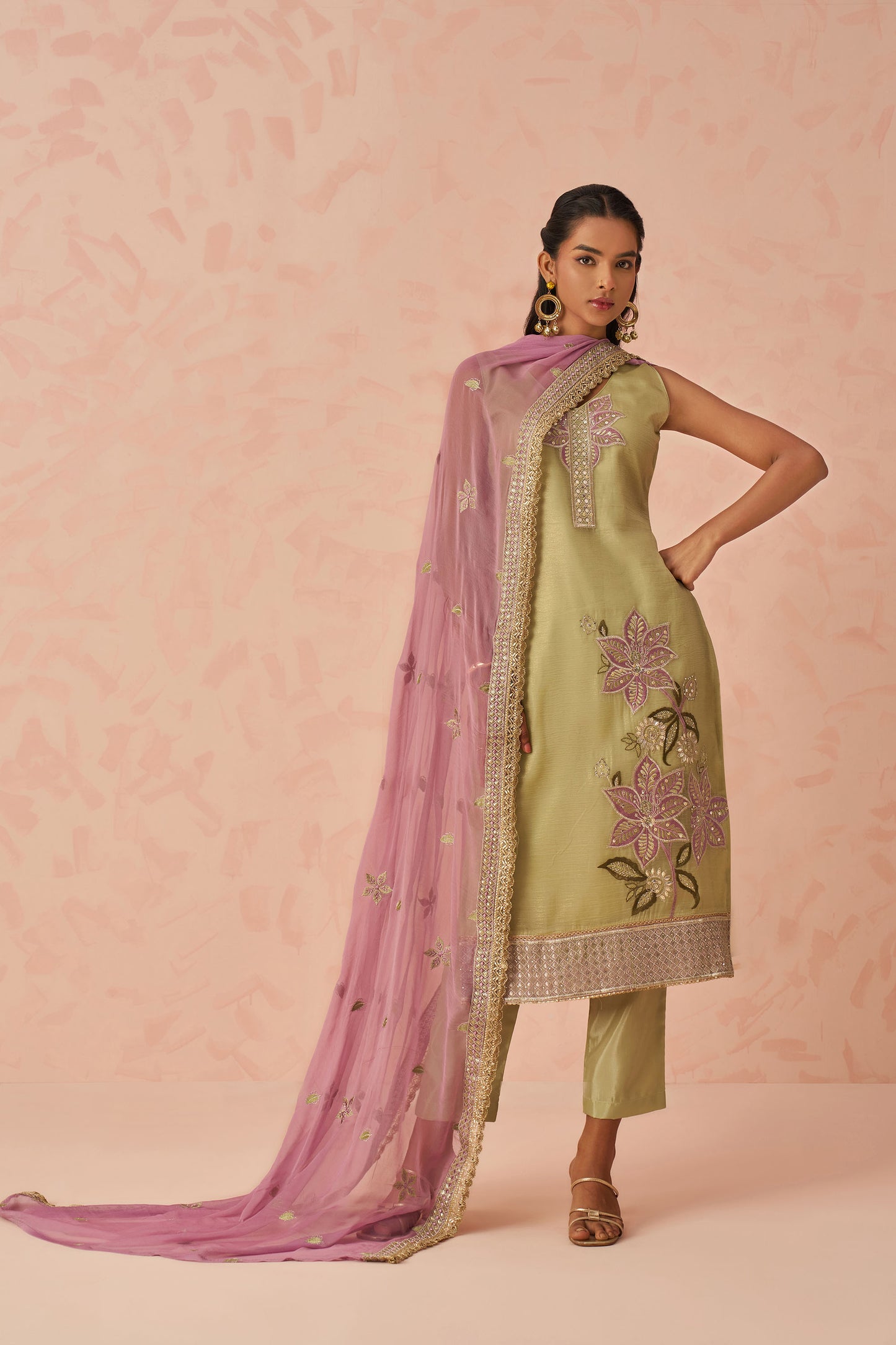 Green Georgette Floral Embroidered Mehendi Kurta Set