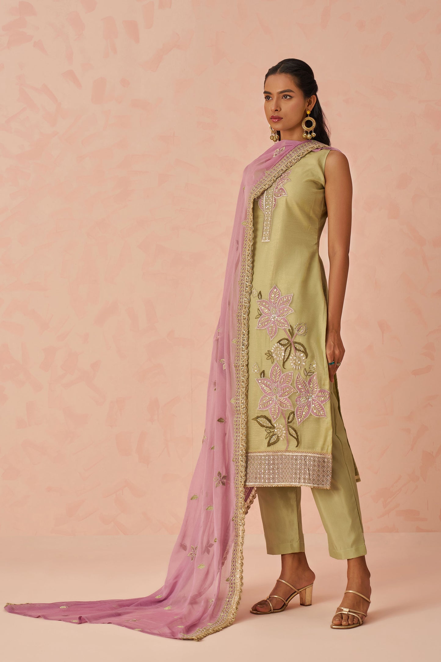 Green Georgette Floral Embroidered Mehendi Kurta Set