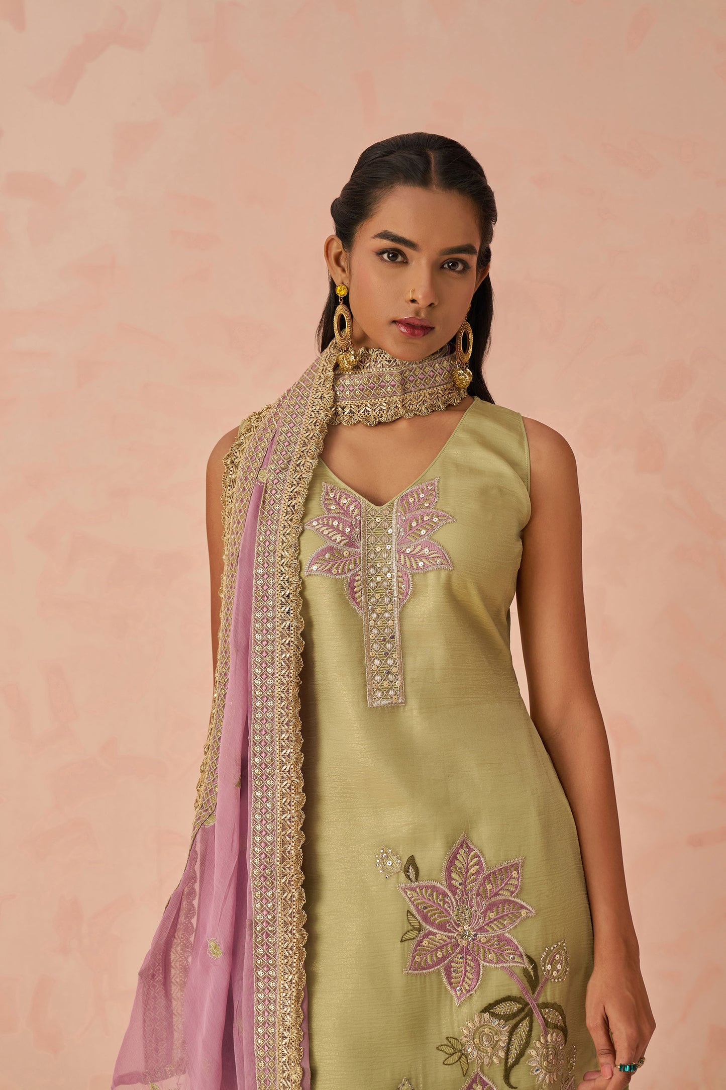 Green Georgette Floral Embroidered Mehendi Kurta Set