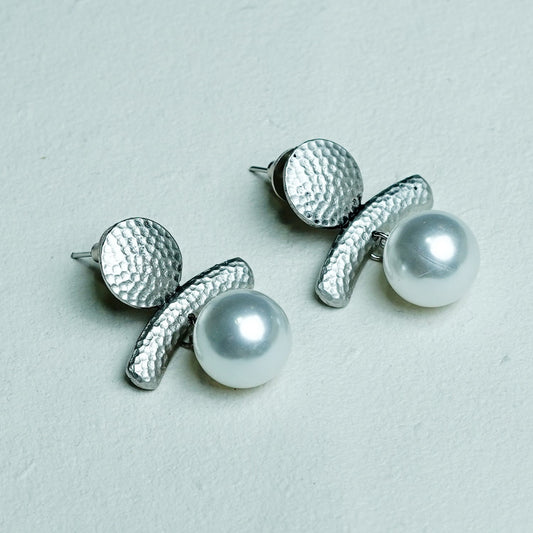 Zevar Club Silver-Toned Antique Statement Drop Earrings with Textured Bar & White Pearl Danglers